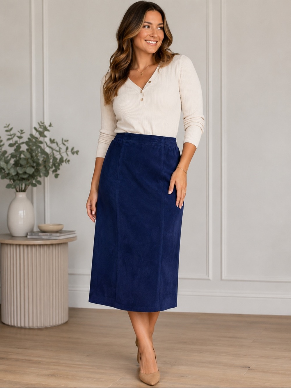 Danier Navy Blue Suede Pencil Skirt
